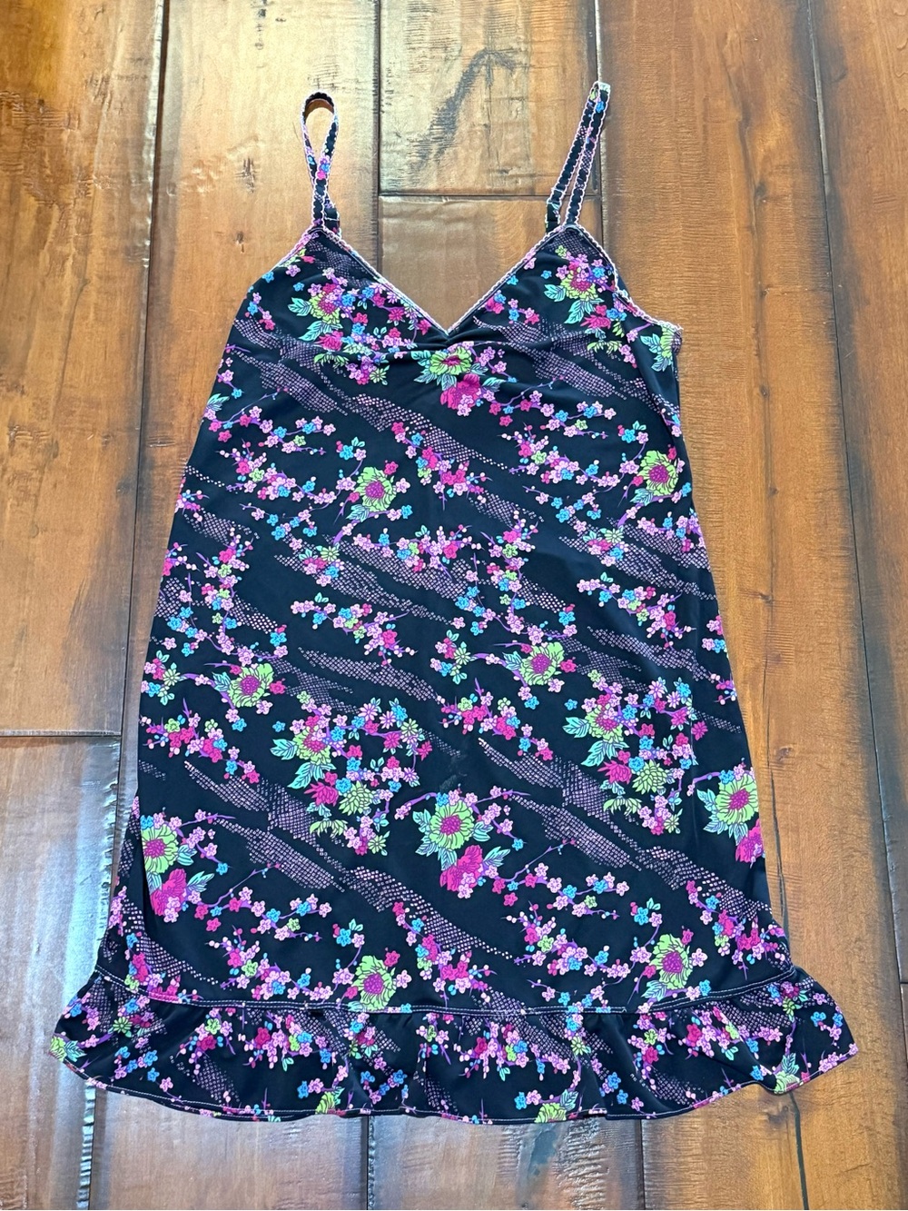 Josie Floral Lace-Trim Chemise Slip in Black with Pink & Green Floral Print